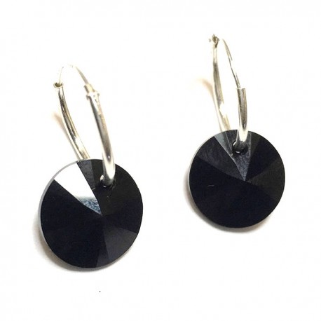 Boucles d'oreilles argent 925/000 créoles pendants disques cristal noir