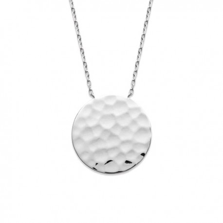 Collier argent massif 925/000 rhodié pendentif rond martelé