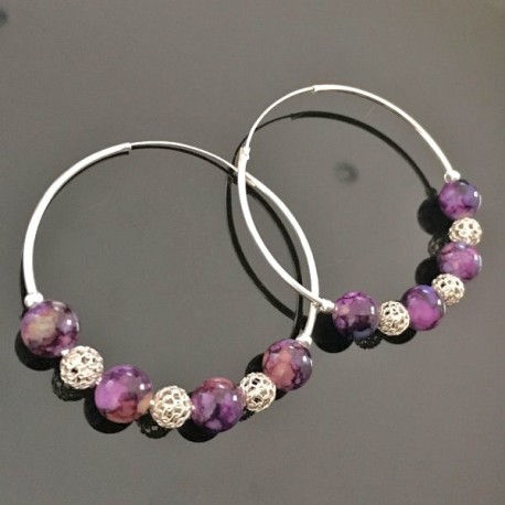 Boucles d'oreilles créoles argent 925 perles argent et perles tons lilas