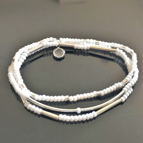 Bracelet perles de rocailles blanc mat et argent 925/000 taille élastique