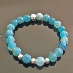 Bracelet argent 925/000 perles agate turquoise effet craquelé givré