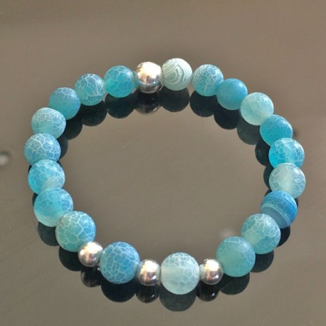 Bracelet argent 925/000 perles agate turquoise effet craquelé givré