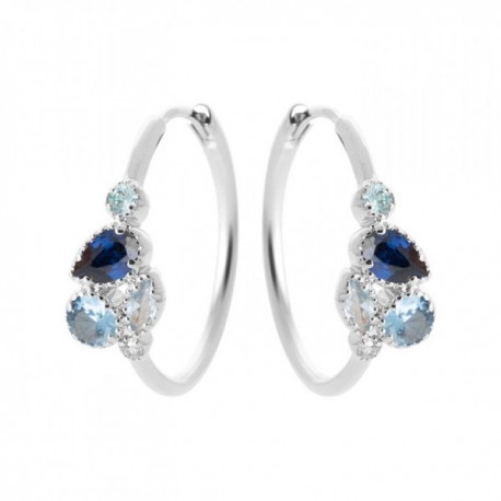 Boucles d'oreilles créoles argent massif 925/000 zirconium et pierres bleues