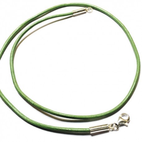 Collier cordon cuir vert fermoir argent 925 longueur 50 cm