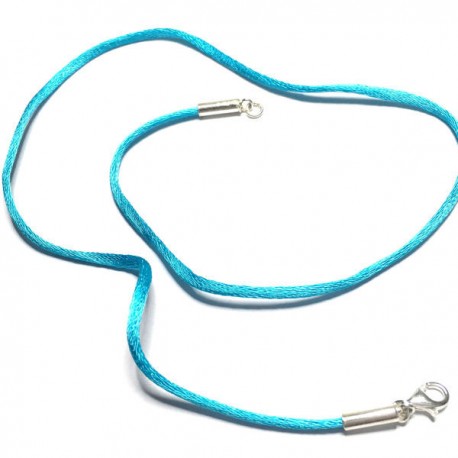 Collier cordon fil de soie turquoise fermoir argent 925 longueur 42 cm